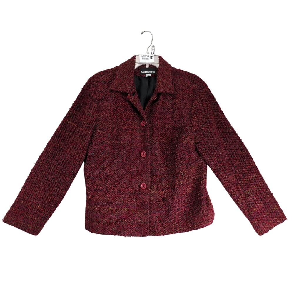 Vtg Sag Harbor Burgundy Tweed Pea Coat Women's 14 Lined 4-Button Academia Preppy